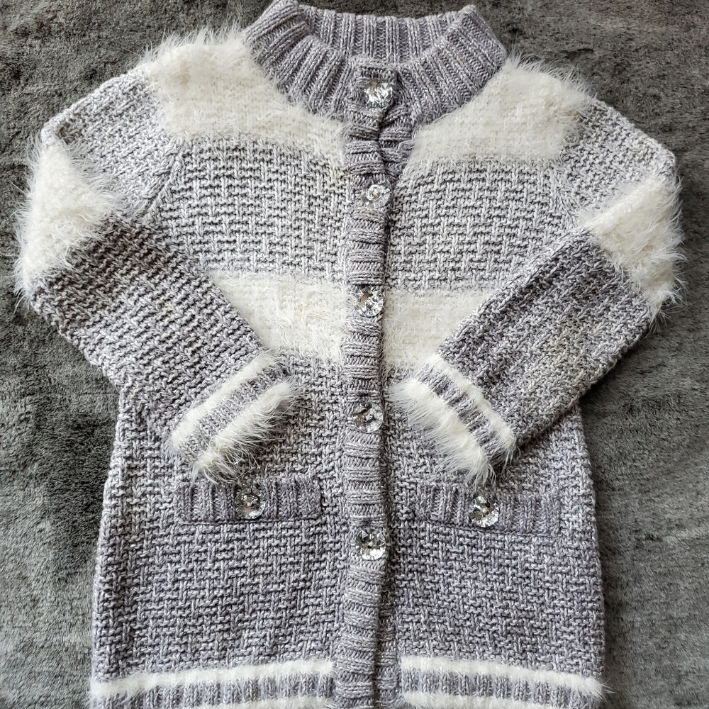 TAHARI BABY SWEATER CARDIGAN WITH SILVER THREAD, FEATHER AND CRYSTAL DETAILS